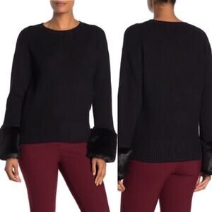 Love Token Feminine Retro Mod Cozy Black Knit Sweater Crew Neck Faux Fur Cuff XS